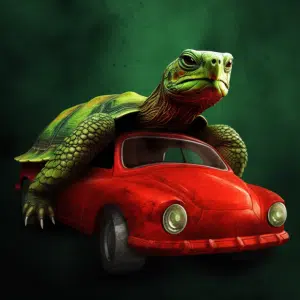 צב קשוח נוסע על מכונית אדומה